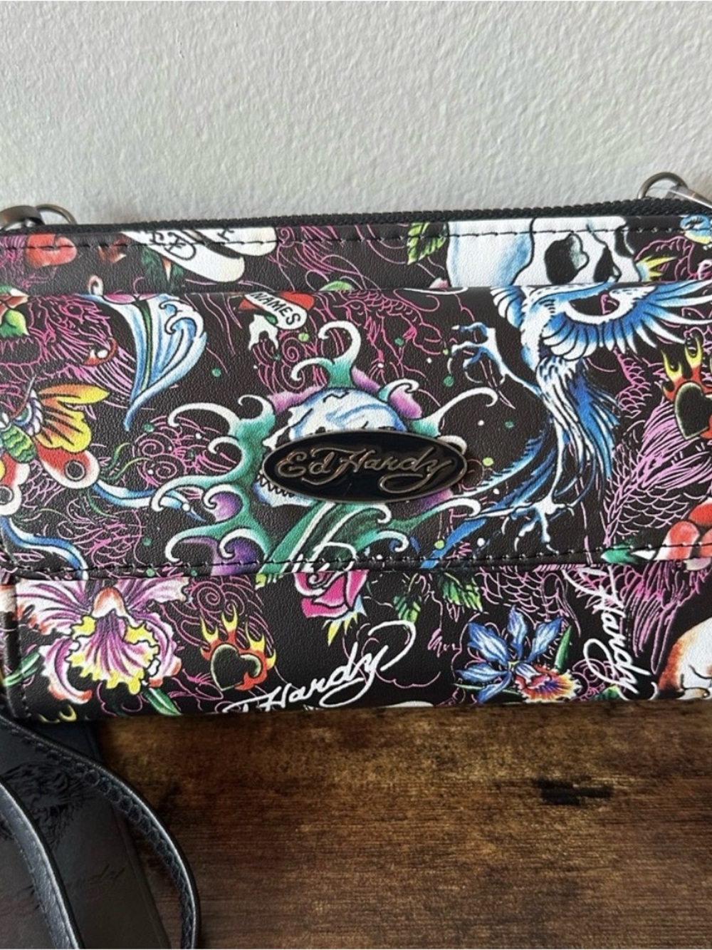 Ed Hardy Black Multicolor Tattoo-Print Crossbody Wristlet